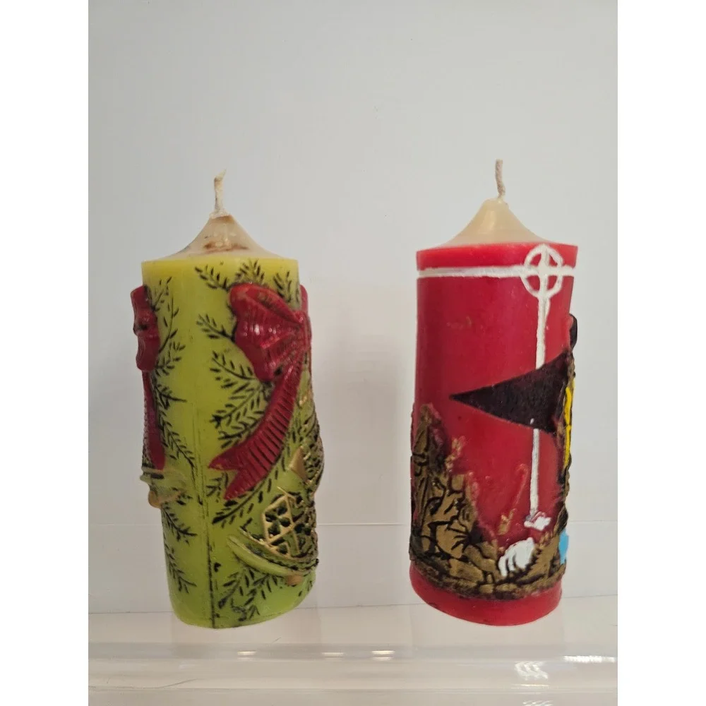 Vintage‎ 70s Candles Christmas Nativity Bell Red Green Kitch Set of 2 Not Burned